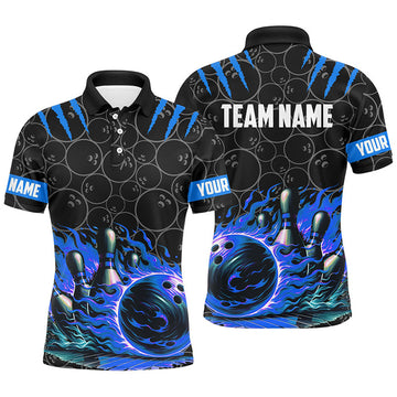 FUNSTUFFPRINT Mens Bowling polo shirts Custom black blue flame bowling shirt, Bowling Team Jerseys gift for Polo Shirt Size S-5XL