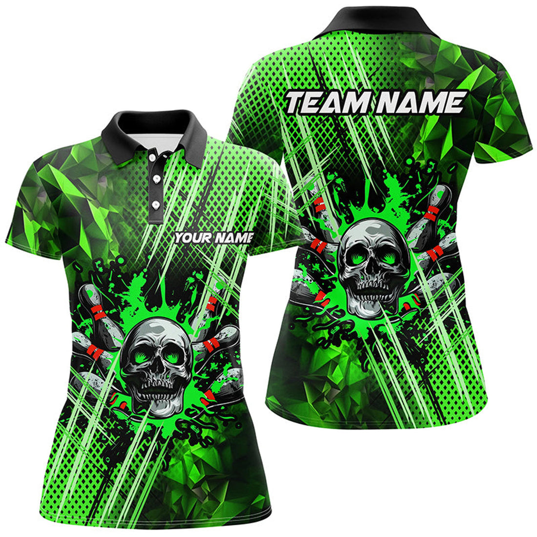 Custom Green Bowling Pattern Skull Women Bowling Polo Custom Bowling Team League Jerseys