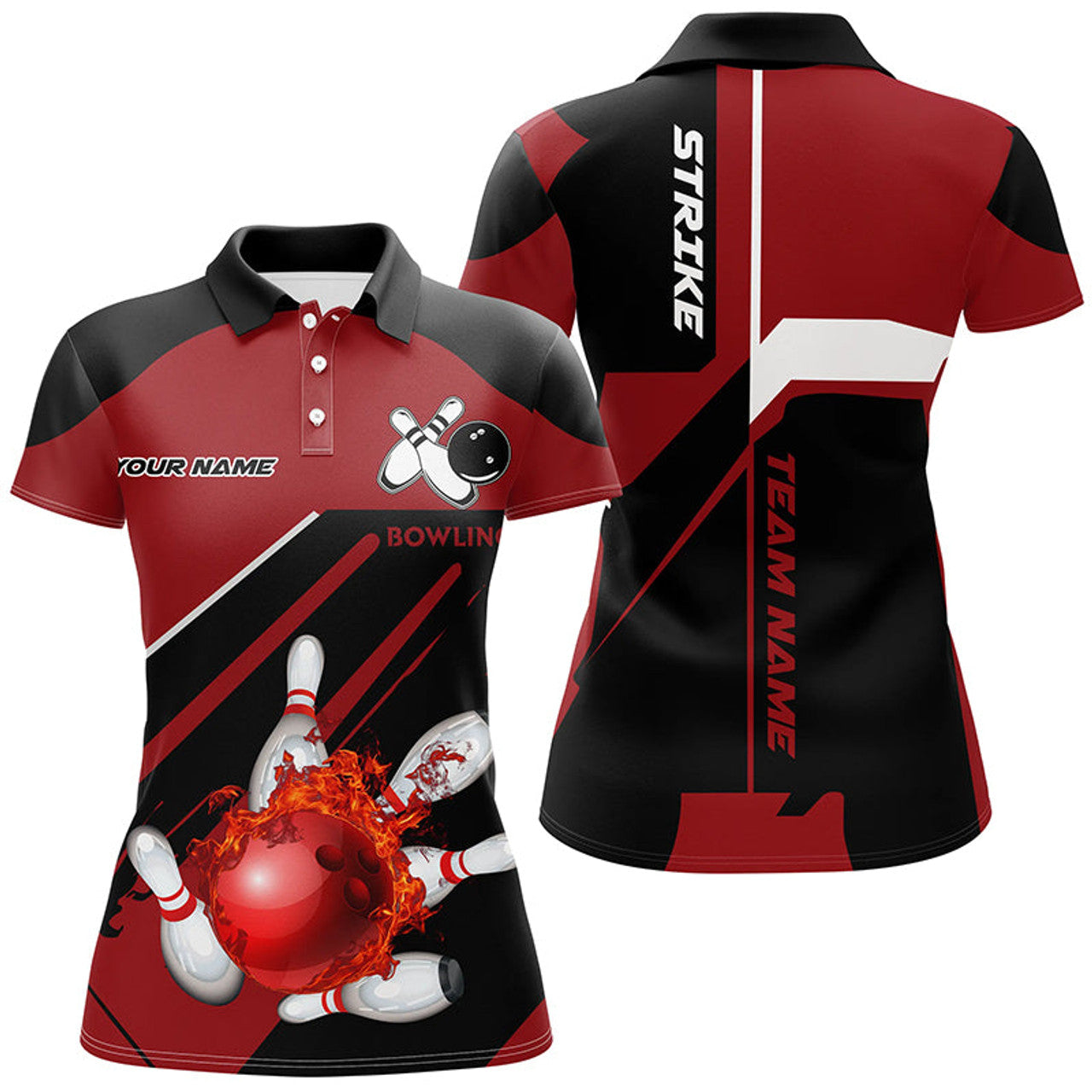Custom Black and Red Flame Bowling Jerseys Women Strike Bowling Custom Bowling Polo, s