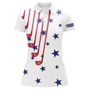 Custom Personalized White Golf Clubs Polos Shirt For Women American Flag 4th July Patriotic Ladies Golf Tops