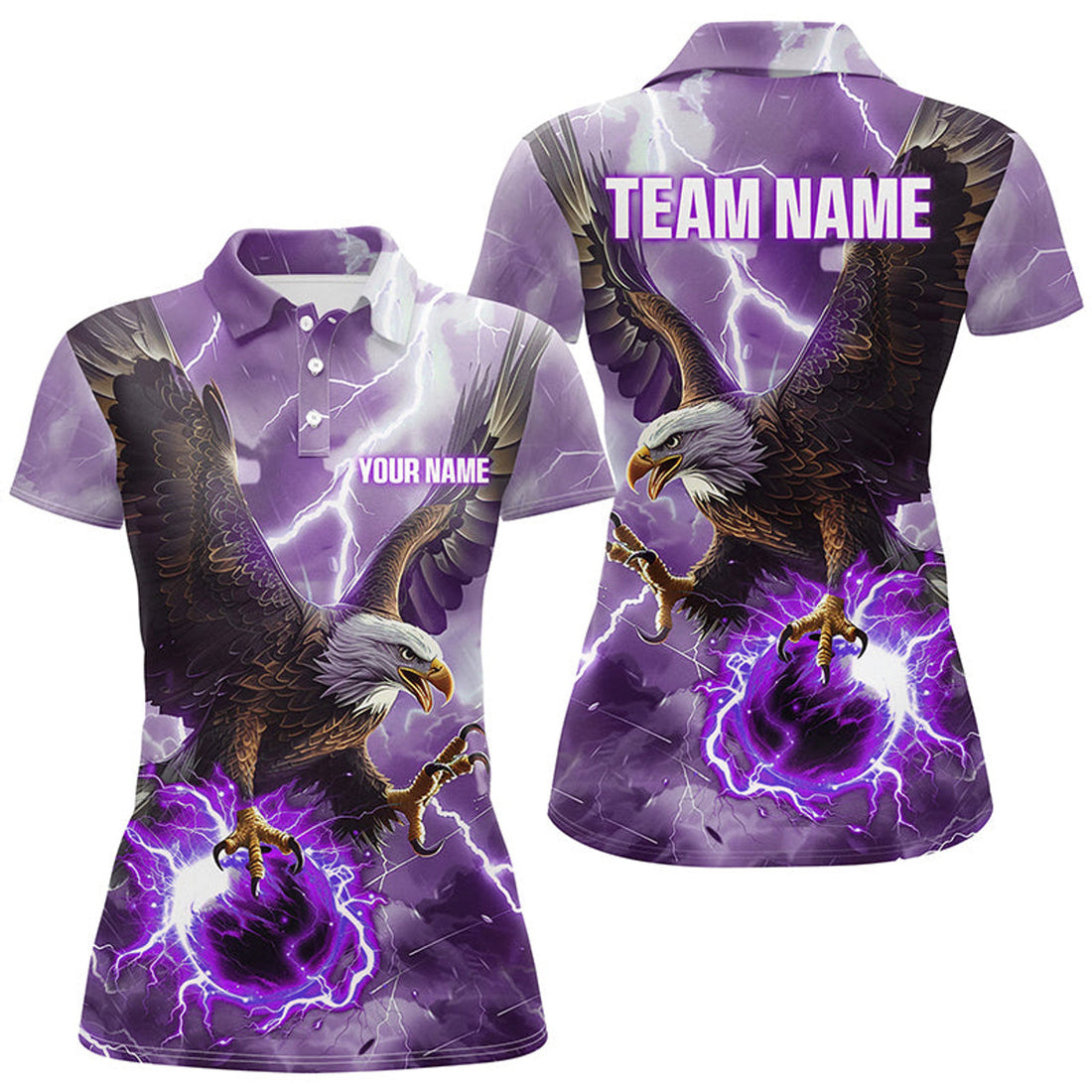 Custom Purple Lightning Thunder Bowling Eagle Custom Women Bowling Polo, Bowlers Jerseys