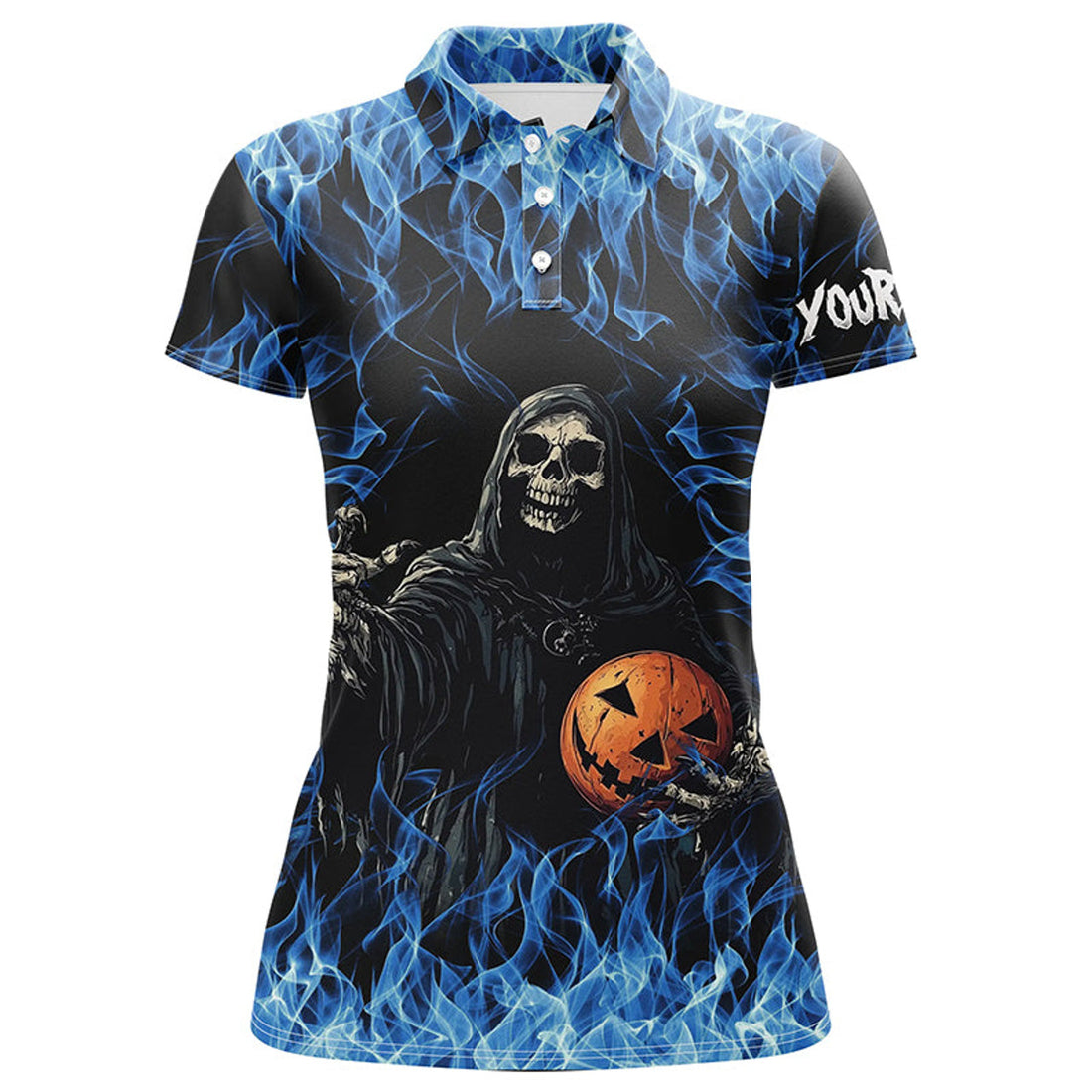 Custom Blue Flame Halloween Skull Bowling Custom Women Bowling Polo, Team Bowling Jerseys