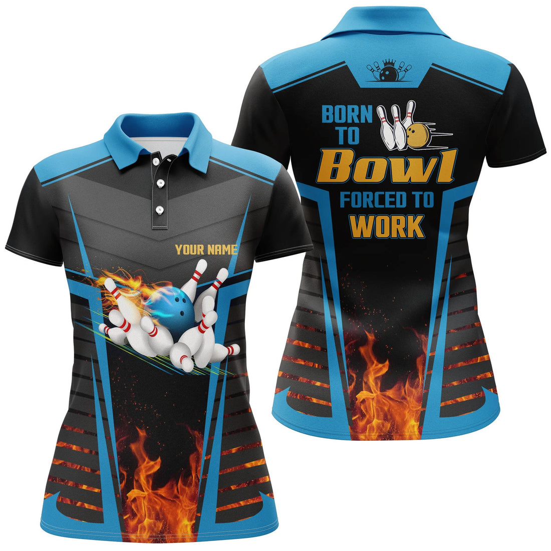 Custom Women's Bowling Polo Shirts Custom Name Born To Bowl Forced To Work, Flame Bowlers Jersey | Blue