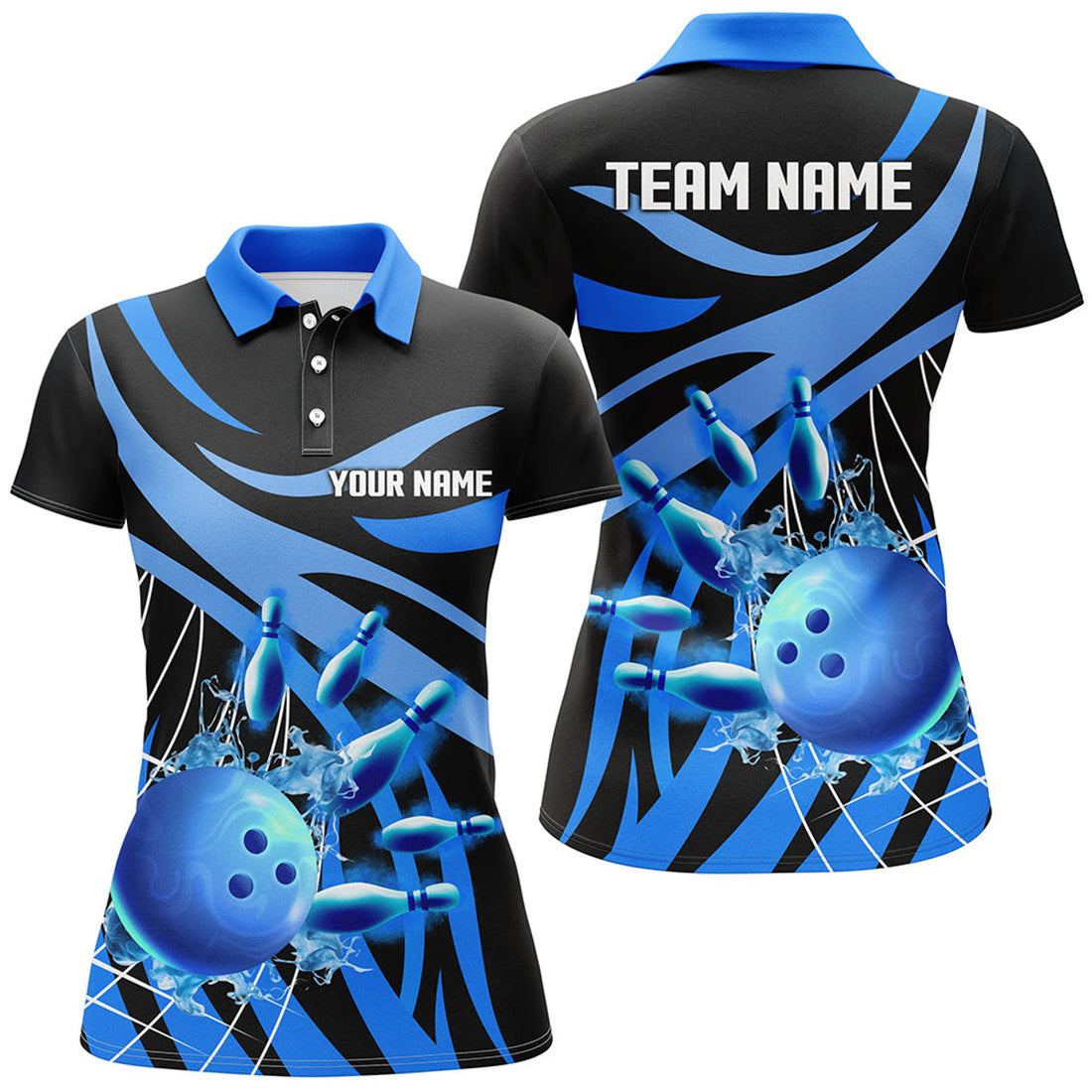 Custom Blue Flame Bowling Polo Shirts For Women Custom Team Bowling Jerseys For Girl, Gift For Bowlers