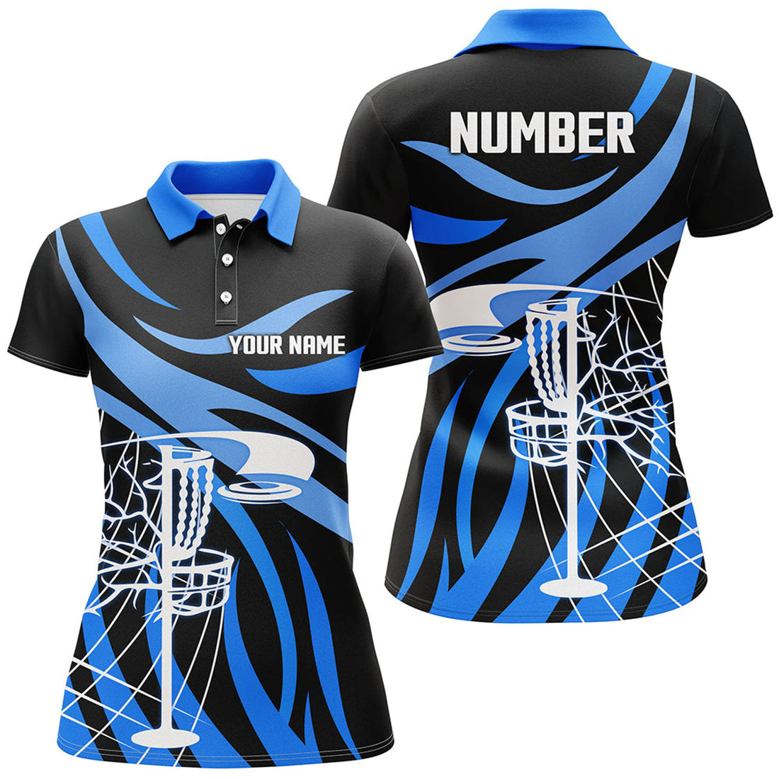 Custom Womens Golf Polo Shirt Custom Black And Blue Disc Golf Basket, Personalized Disc Golf Shirts