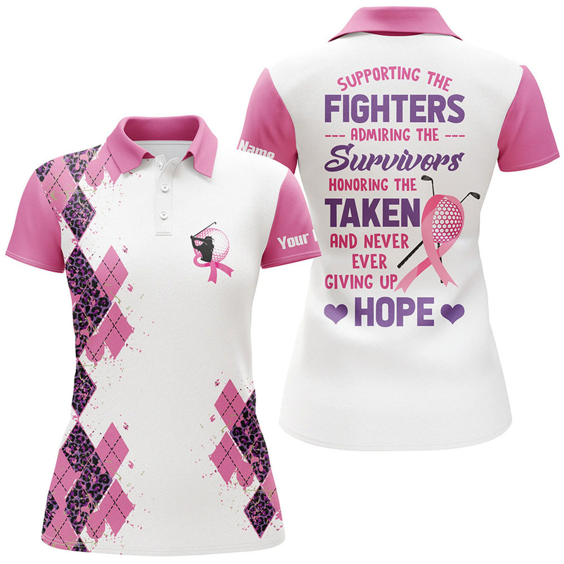 Custom Pink Leopard Argyle White Womens Golf Polo Shirts Custom Golf Breast Cancer Awareness Ladies Golf Tops