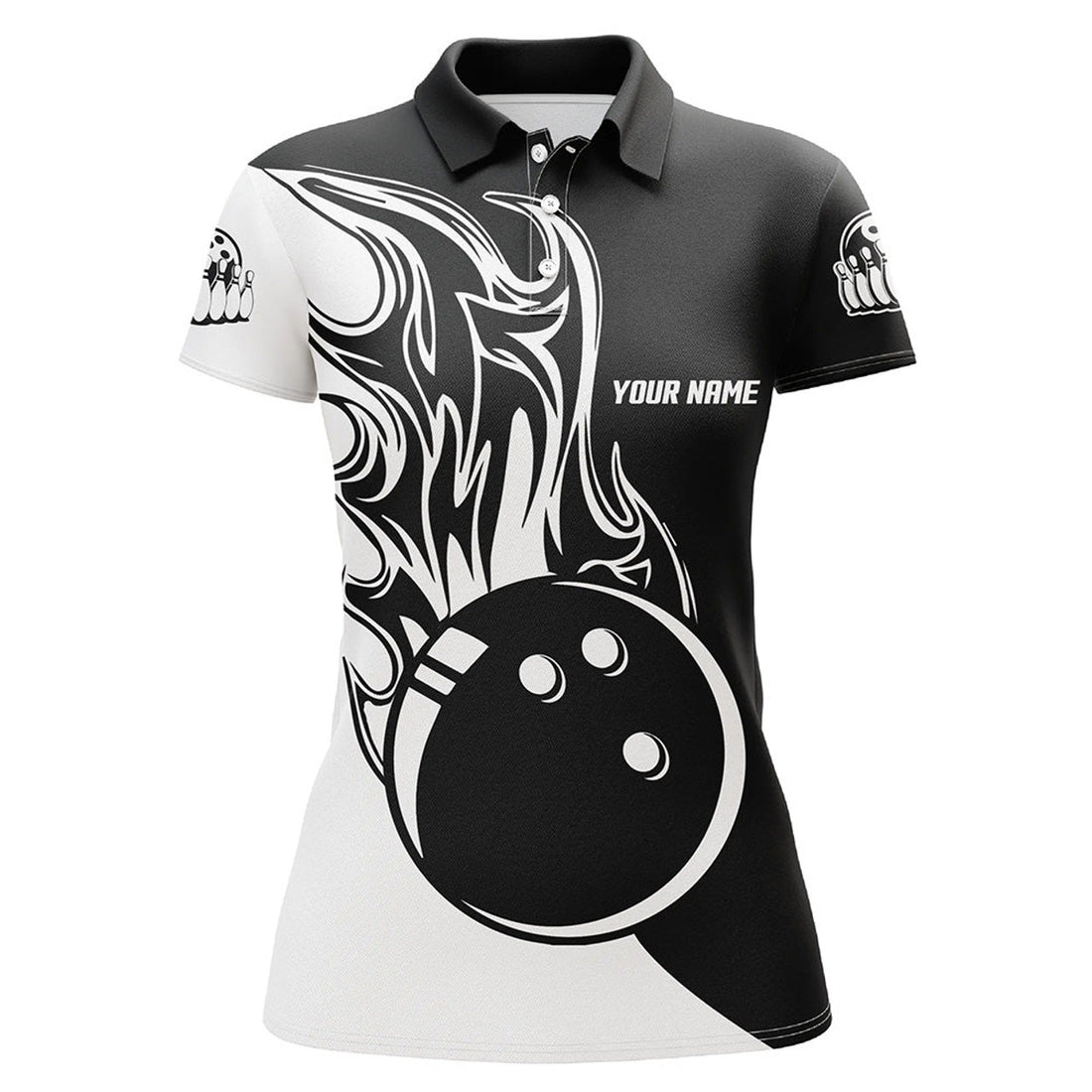 Custom Black And White Bowling Ball Fire Women Polo Shirts Custom Ladies Bowling Team Jerseys