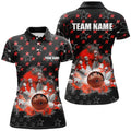 Custom Black And Red Bowling Stars Pattern Custom Women Bowling Polo, Team Bowling Jerseys