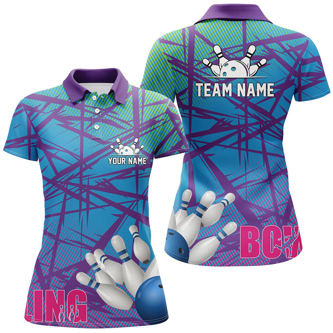 Custom Womens Bowling Polo Shirt Blue Purple Camo Bowling Jerseys, Personalized Bowling Team Shirts