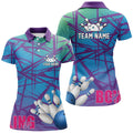 Custom Womens Bowling Polo Shirt Blue Purple Camo Bowling Jerseys, Personalized Bowling Team Shirts