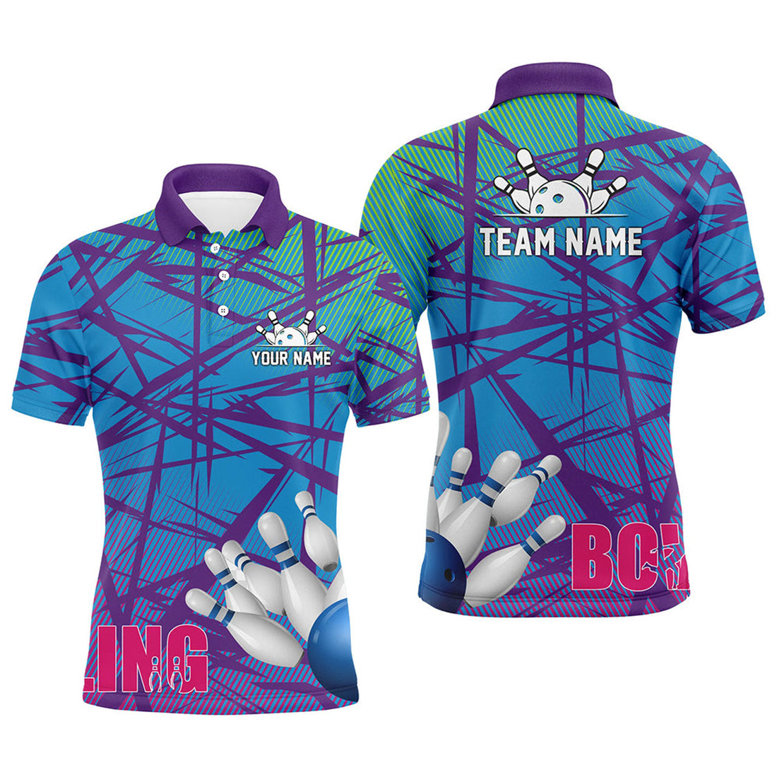 Personalized Men Polo Bowling Shirt Blue Purple Camo Bowling Jerseys, Personalized Bowling Team Shirts