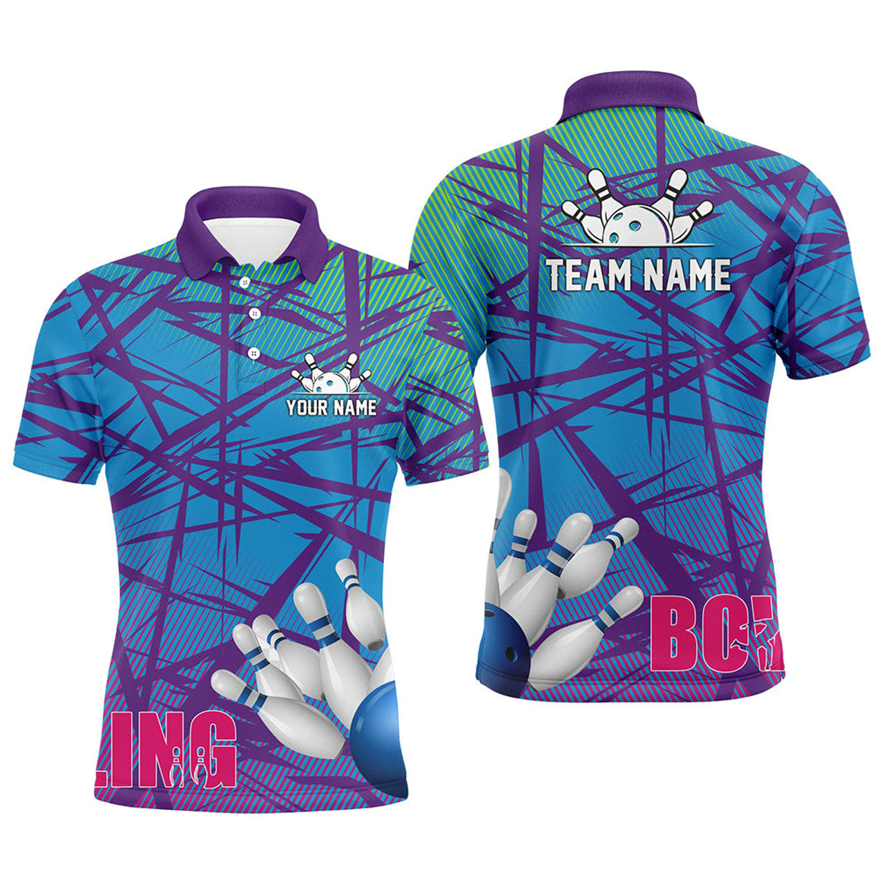 Personalized Men Polo Bowling Shirt Blue Purple Camo Bowling Jerseys, Personalized Bowling Team Shirts