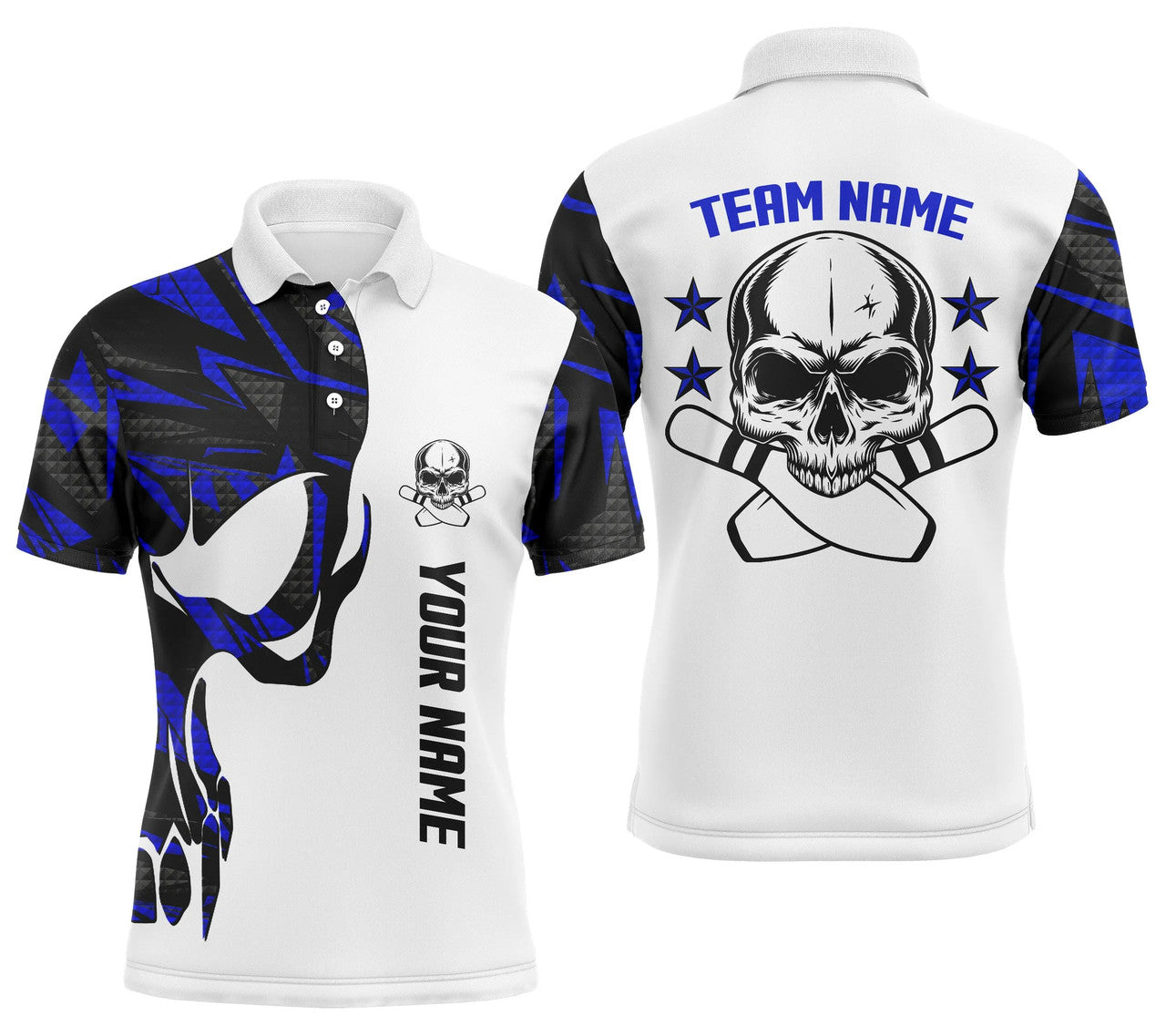 Custom Blue and white Bowling polo shirts for men custom name and team name Skull Bowling, team bowling shirt