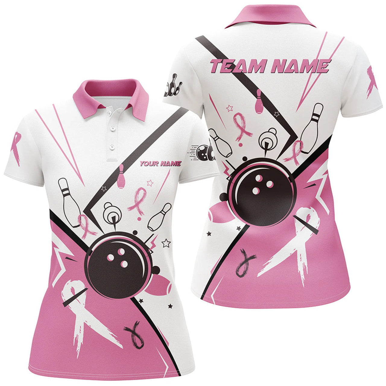 Custom Pink Ribbon Breast Cancer Awareness Bowling Jerseys Custom Team Bowling Polo Shirt For Women | White