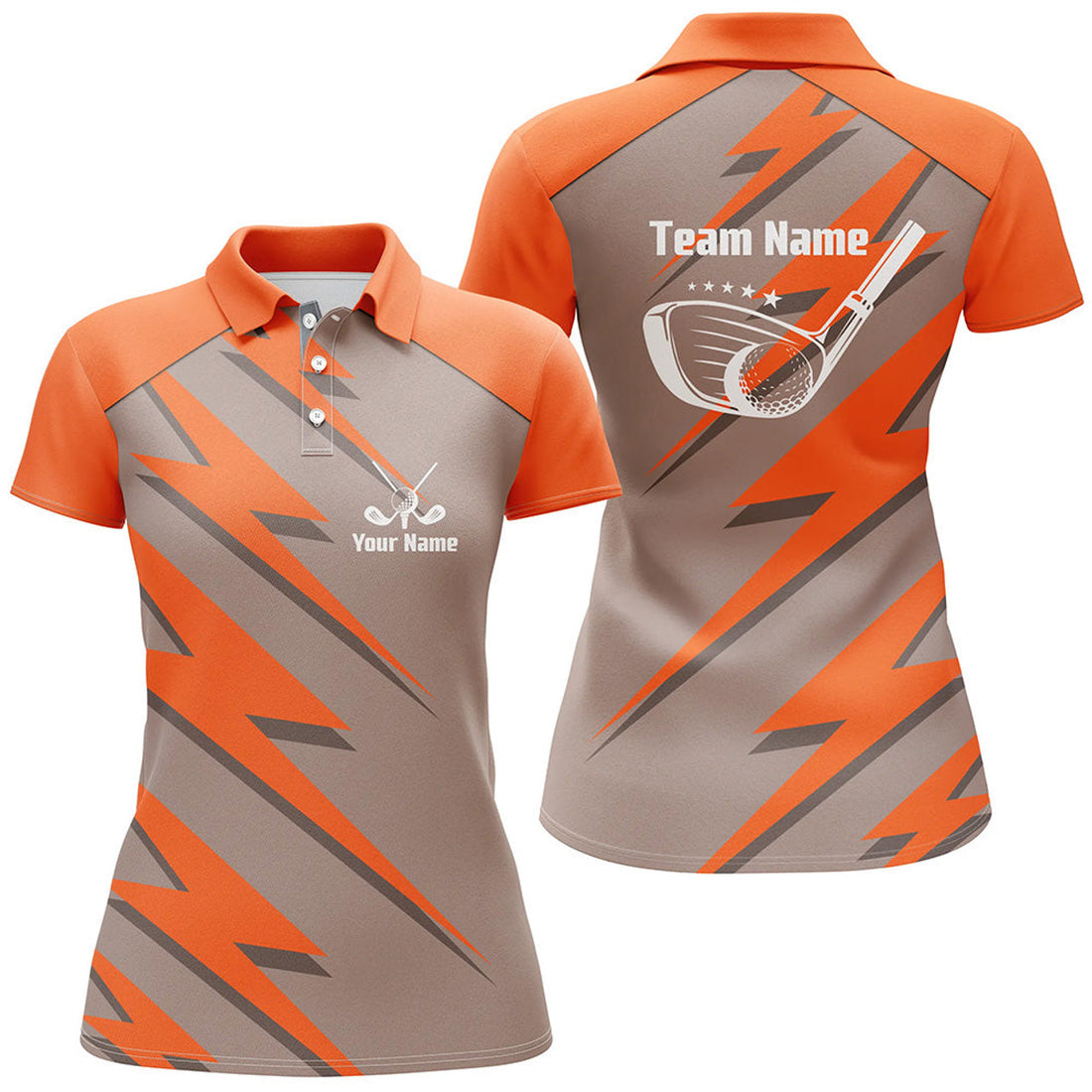 Custom Personalized Womens Golf Polo Shirts Orange Lightning Custom Name & Team Name Golf Shirt, Golfing Gift