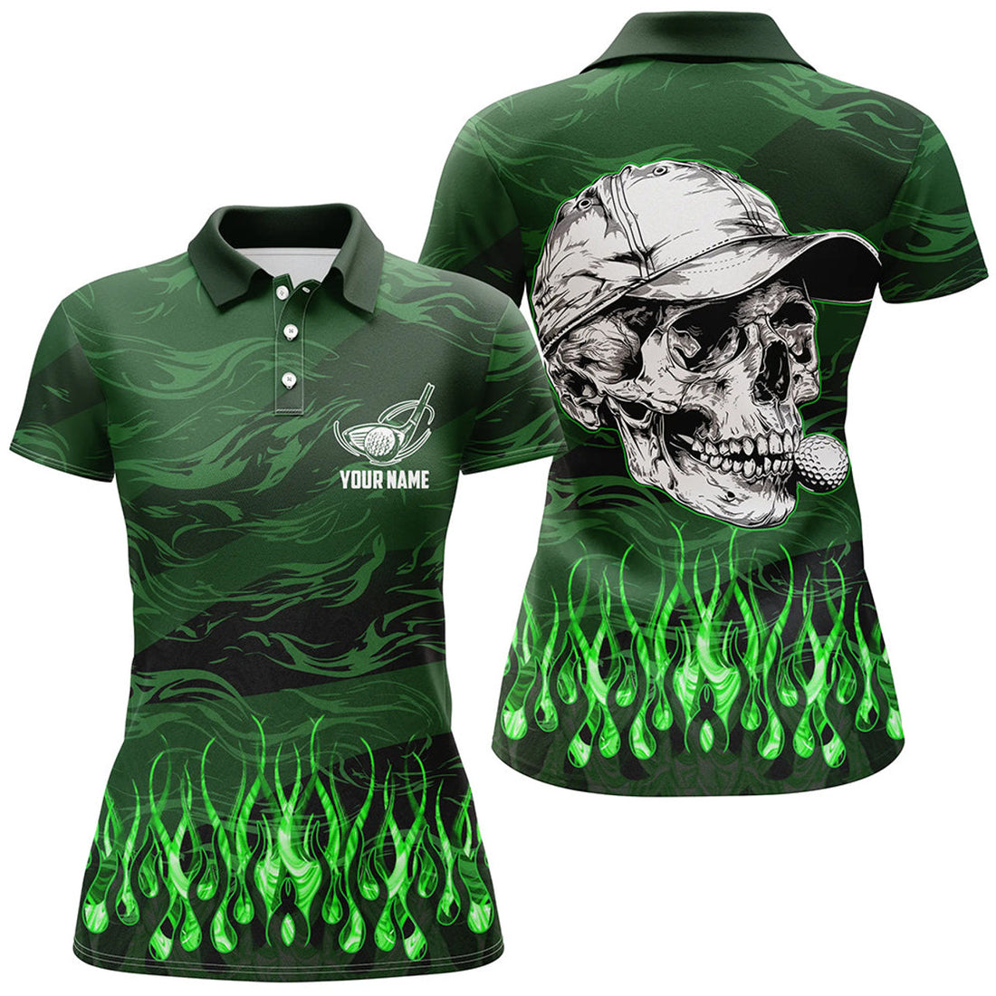 Custom Womens Golf Polos Shirts Custom Green Camo Flame Golf Skull Team Golf Attire For Ladies, Golfing Gifts