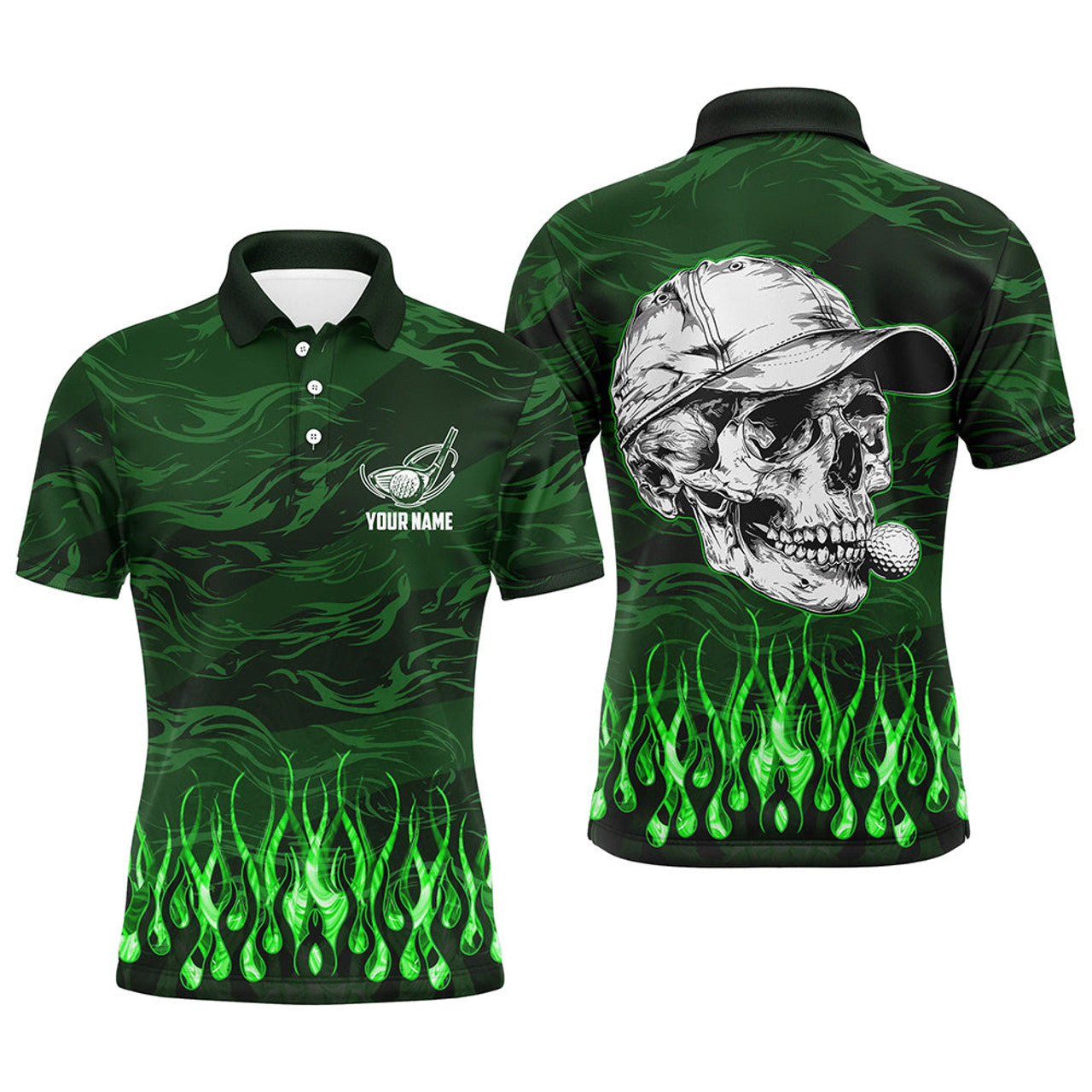 Custom Mens golf polo shirts custom green camo flame golf skull team golf attire for mens, golfing gifts