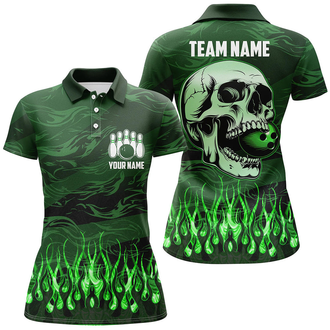 Custom Women bowling polo shirts Custom Green camo Flame Skull Bowling Team Jerseys, gift for Bowlers