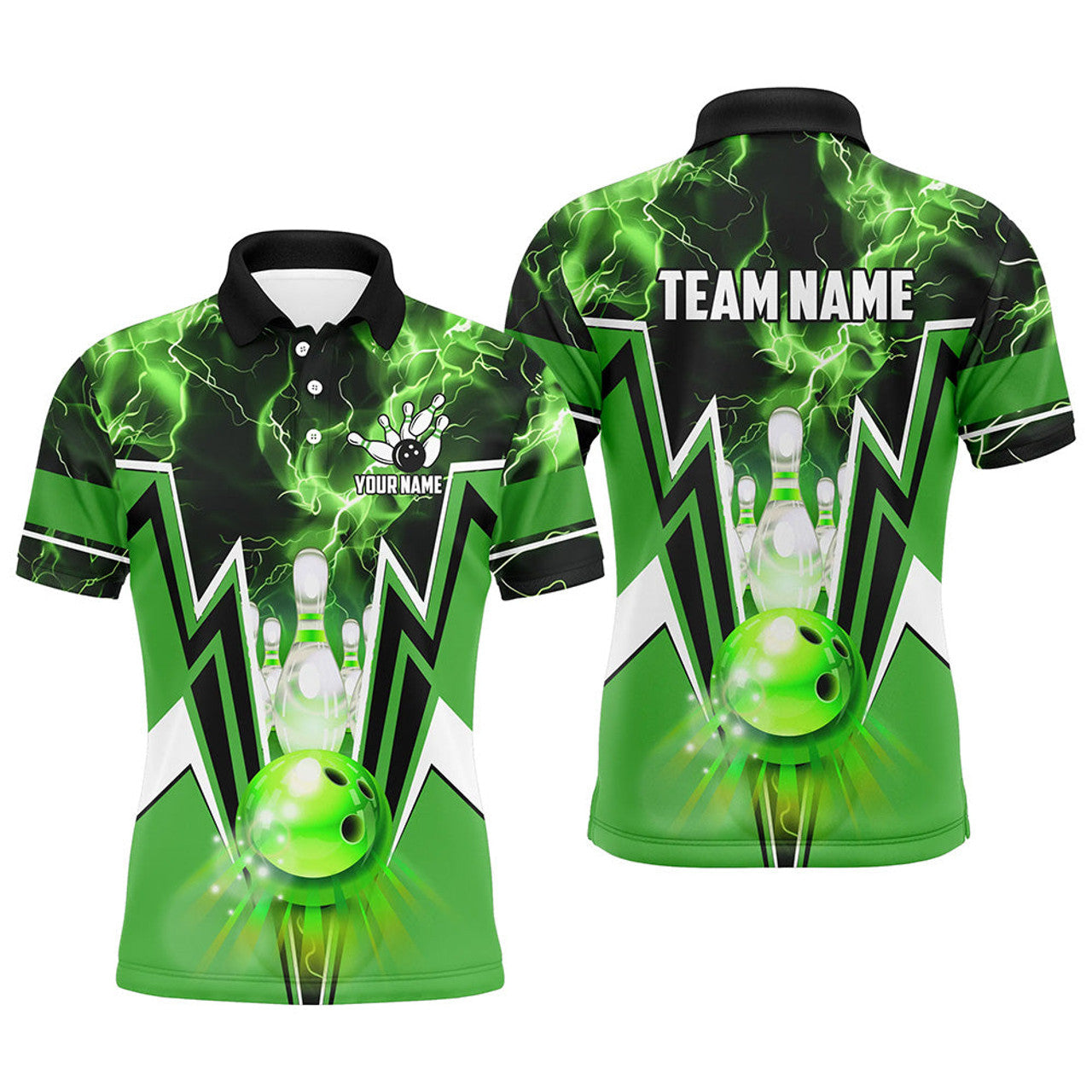 FUNSTUFFPRINT Green lightning thunder Bowling Polo Shirt Size S-5XL