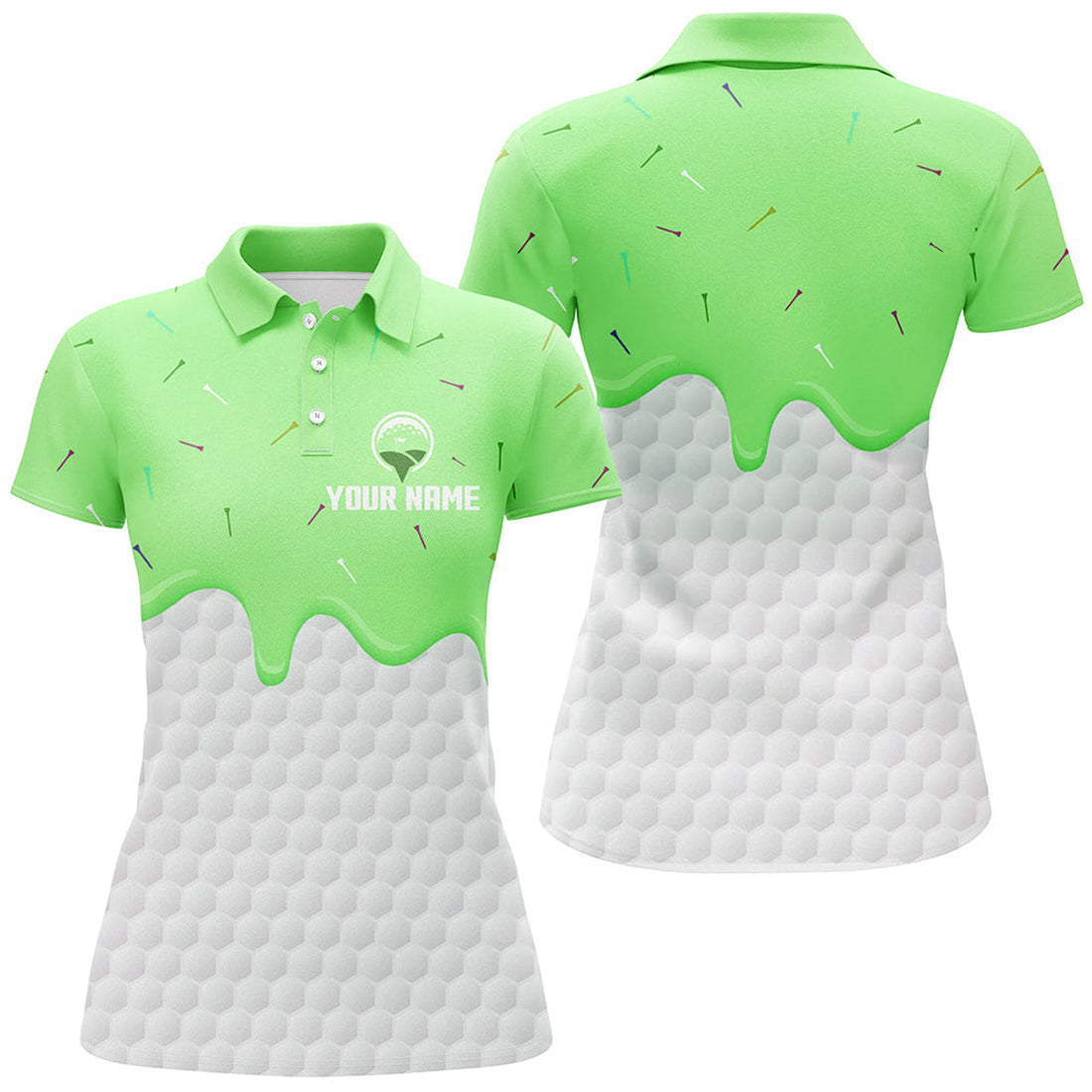 Custom Women Golf Polo Shirts Custom Green Ice Cream Melting On Golf Ball, Golf Gifts For Ladies