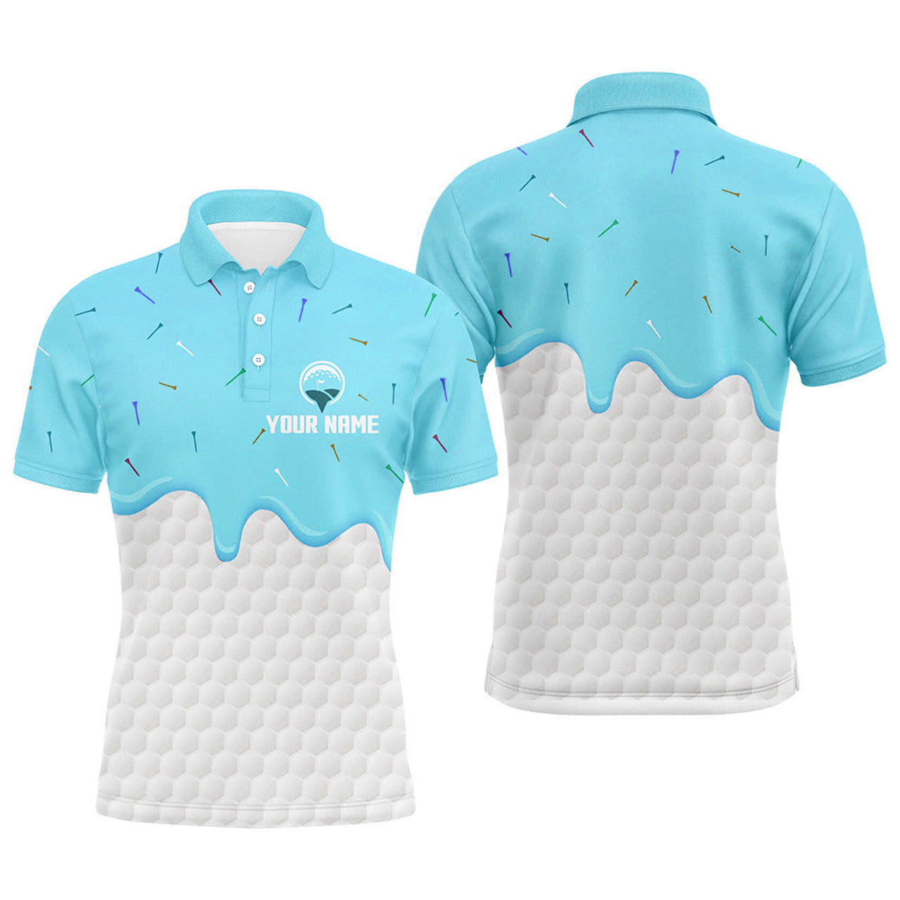 FUNSTUFFPRINT Mens golf polo shirts custom Blue Ice Cream Melting On Golf Ball, golf gifts for mens Polo Shirt Size S-5XL