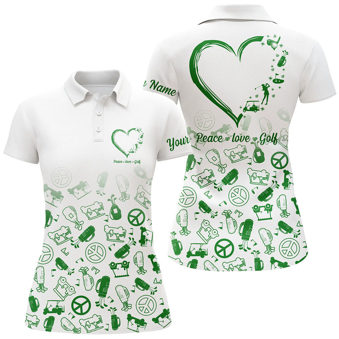 Custom Womens Golf Polo Shirts Custom Name Green Heart Peace Love Golf, Personalized Golf Shirts For Women