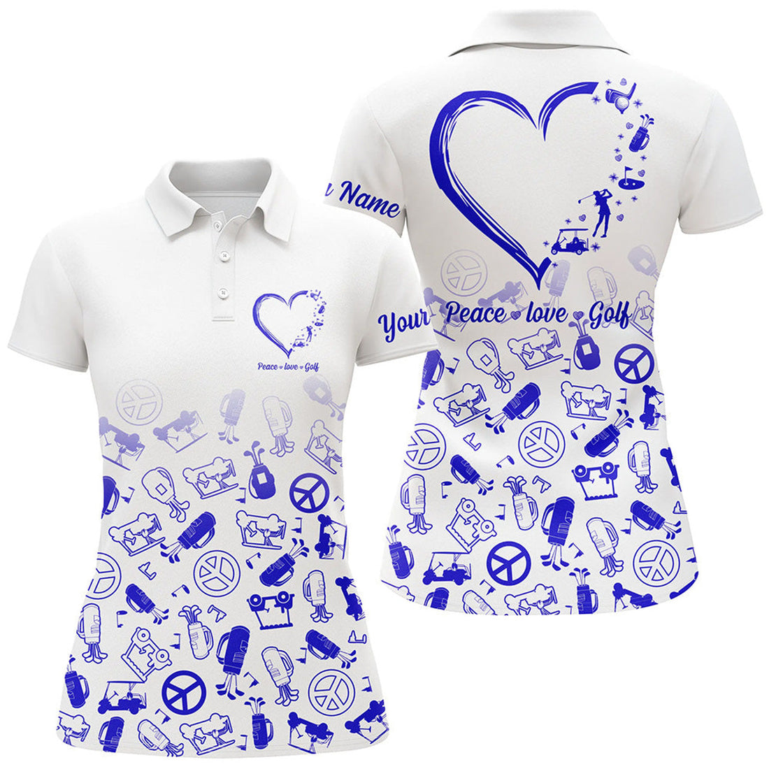 Custom Womens Golf Polo Shirts Custom Name Blue Heart Peace Love Golf, Personalized Golf Shirts For Women