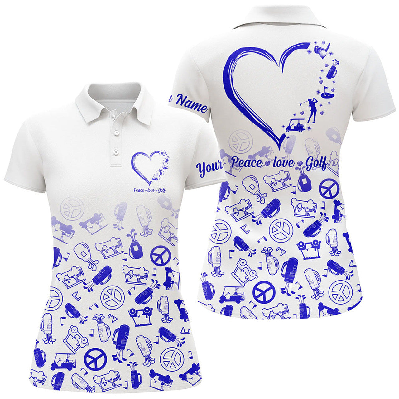 Custom Womens Golf Polo Shirts Custom Name Blue Heart Peace Love Golf, Personalized Golf Shirts For Women