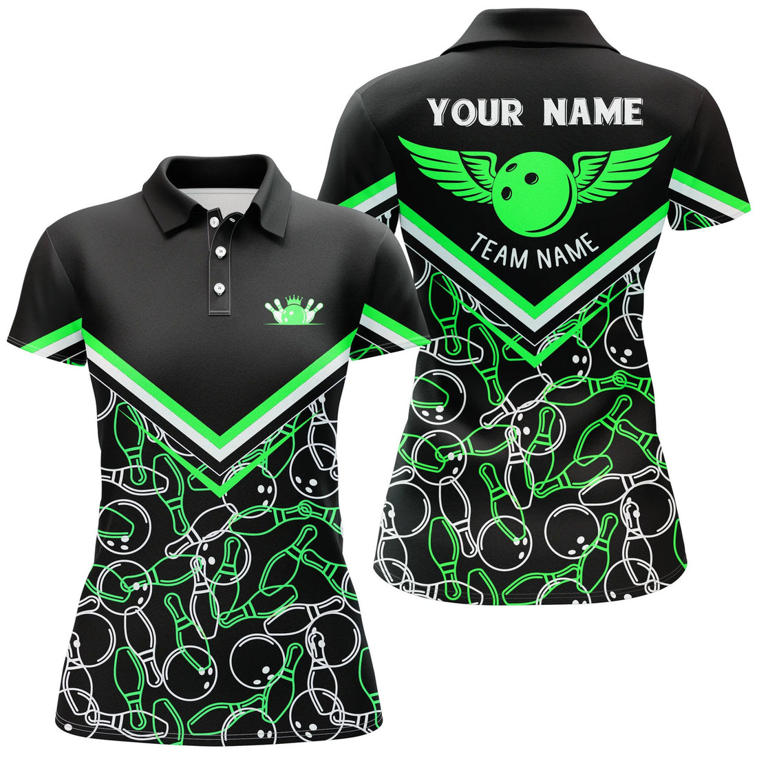 Custom Personalized 3d Bowling Shirts For Women, Custom Black Green Short Sleeve Polo Bowling Shirt For Girls