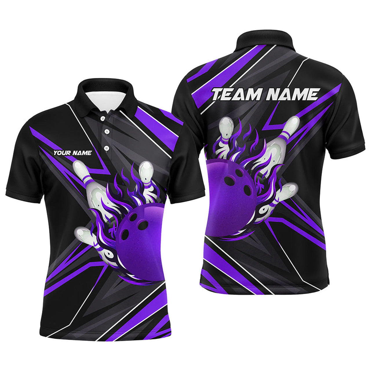 FUNSTUFFPRINT Black Purple Men Bowling Polo, custom Bowling Ball Pins flame bowling jersey for Bowler Polo Shirt Size S-5XL