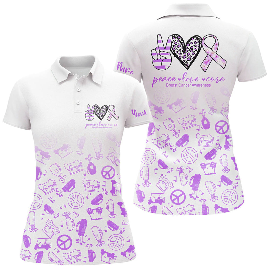 Custom Women Golf Polo Shirts Custom Purple Heart Peace Love Cure Golf Shirts For Women