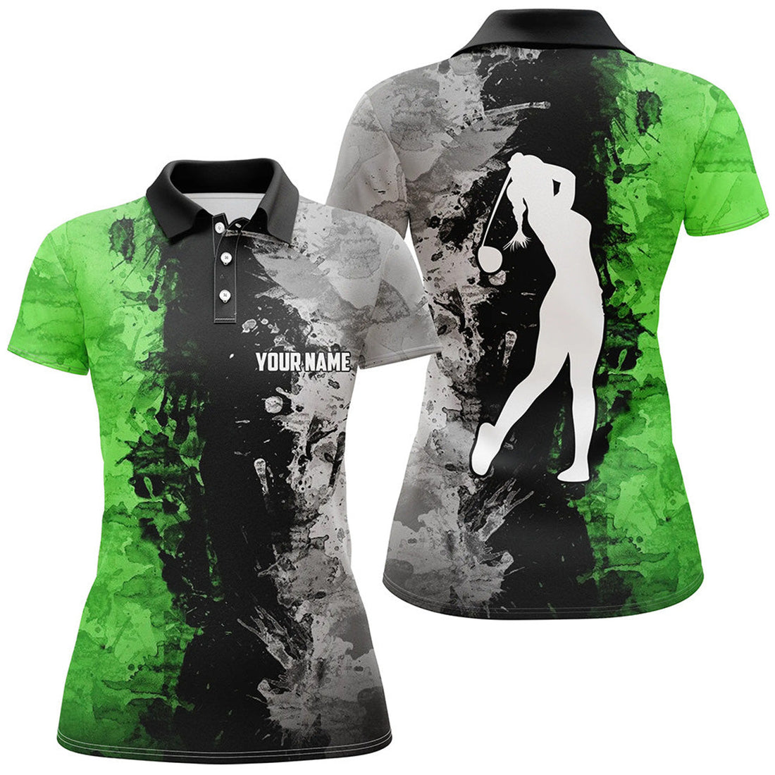 Custom Women Golf Polo Shirts Custom Green Camo Golf Tops For Ladies, Lady Golf Clothes