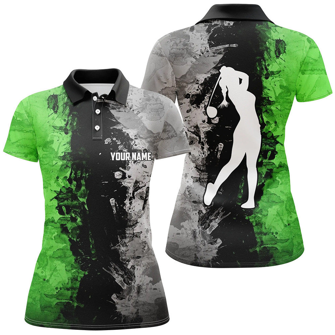 Custom Women Golf Polo Shirts Custom Green Camo Golf Tops For Ladies, Lady Golf Clothes