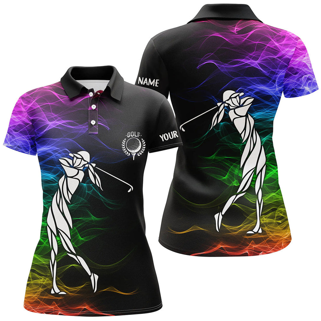 Custom Personalized Colorful Rainbow Smoke Pattern Black Womens Golf Polo Shirts Custom Ladies Golf Tops