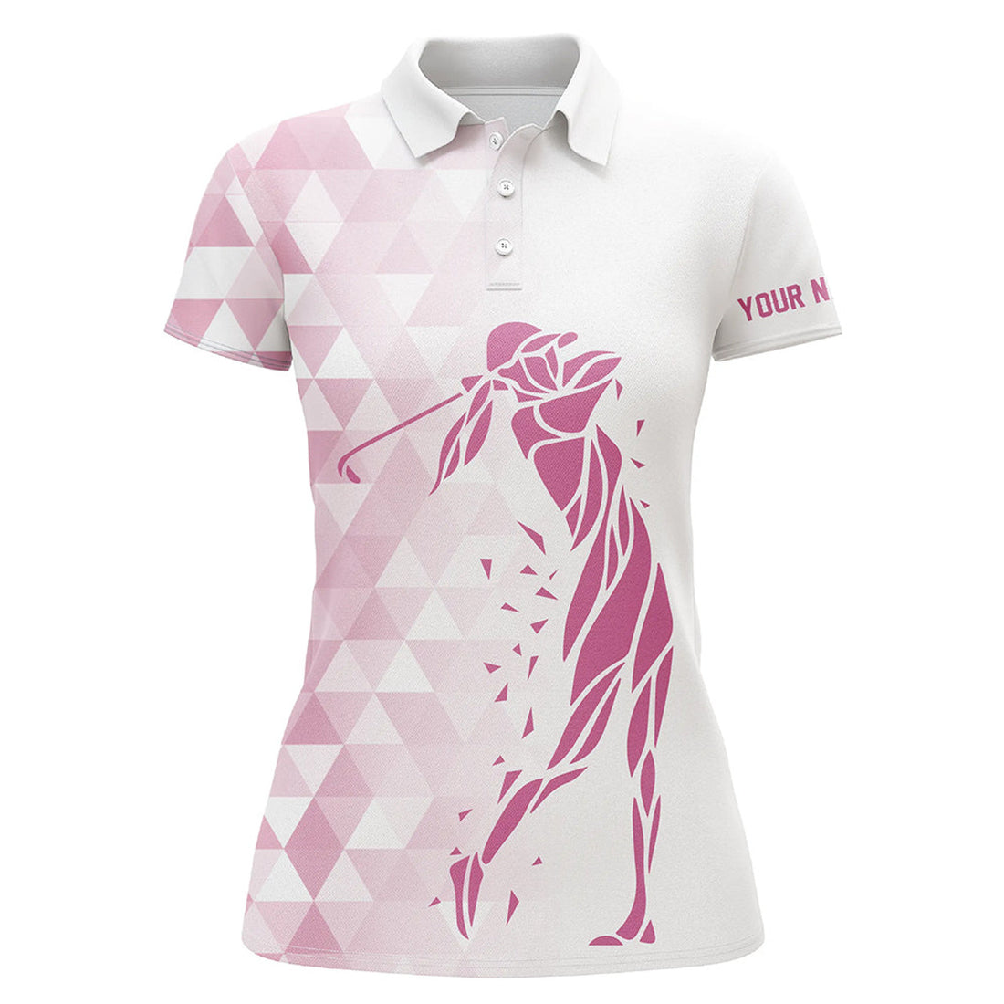 Custom Personalized White And Pink Triangle Pattern Womens Golf Polo Shirts Custom Ladies Golf Tops