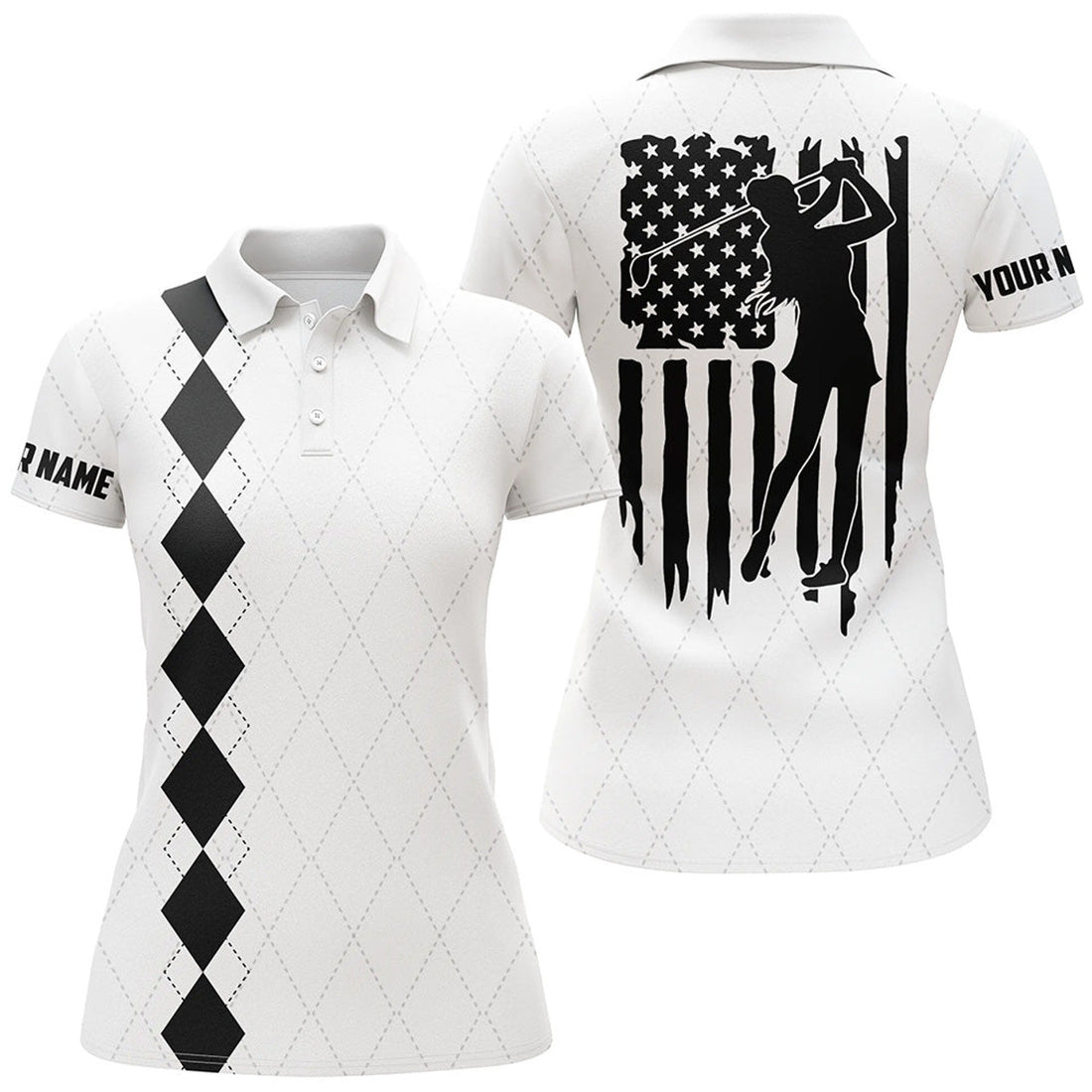 Custom Womens Golf Polo Shirt Black And White American Flag Patriotic Golf Shirts Custom Womens Golf Gifts