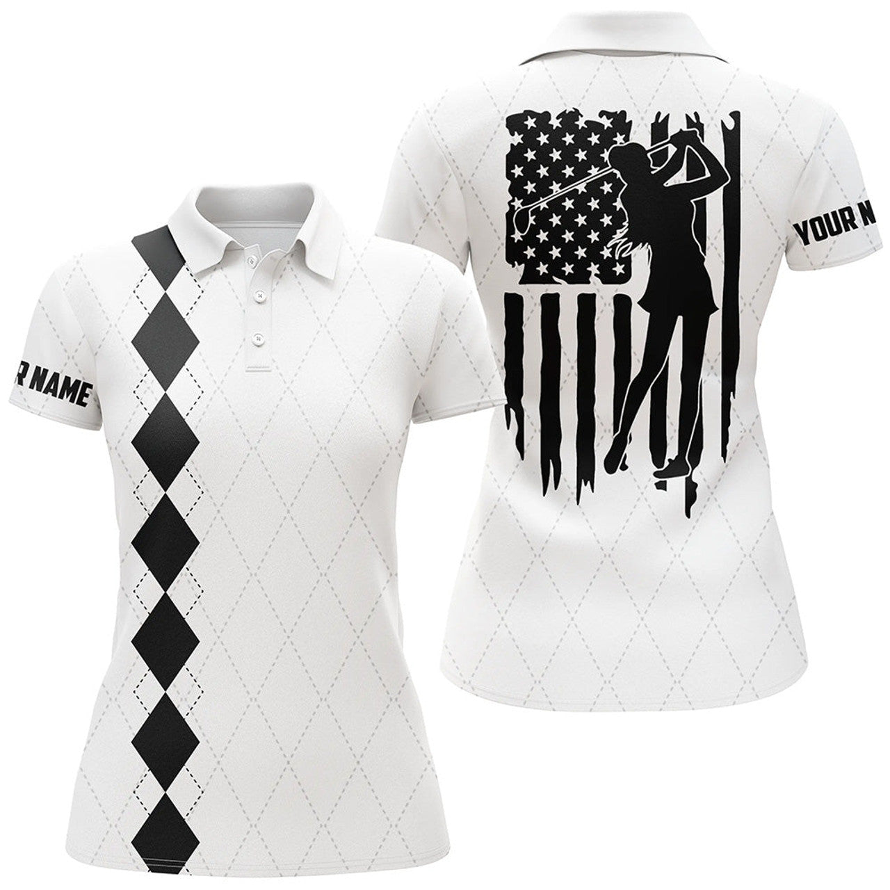 Custom Womens Golf Polo Shirt Black And White American Flag Patriotic Golf Shirts Custom Womens Golf Gifts
