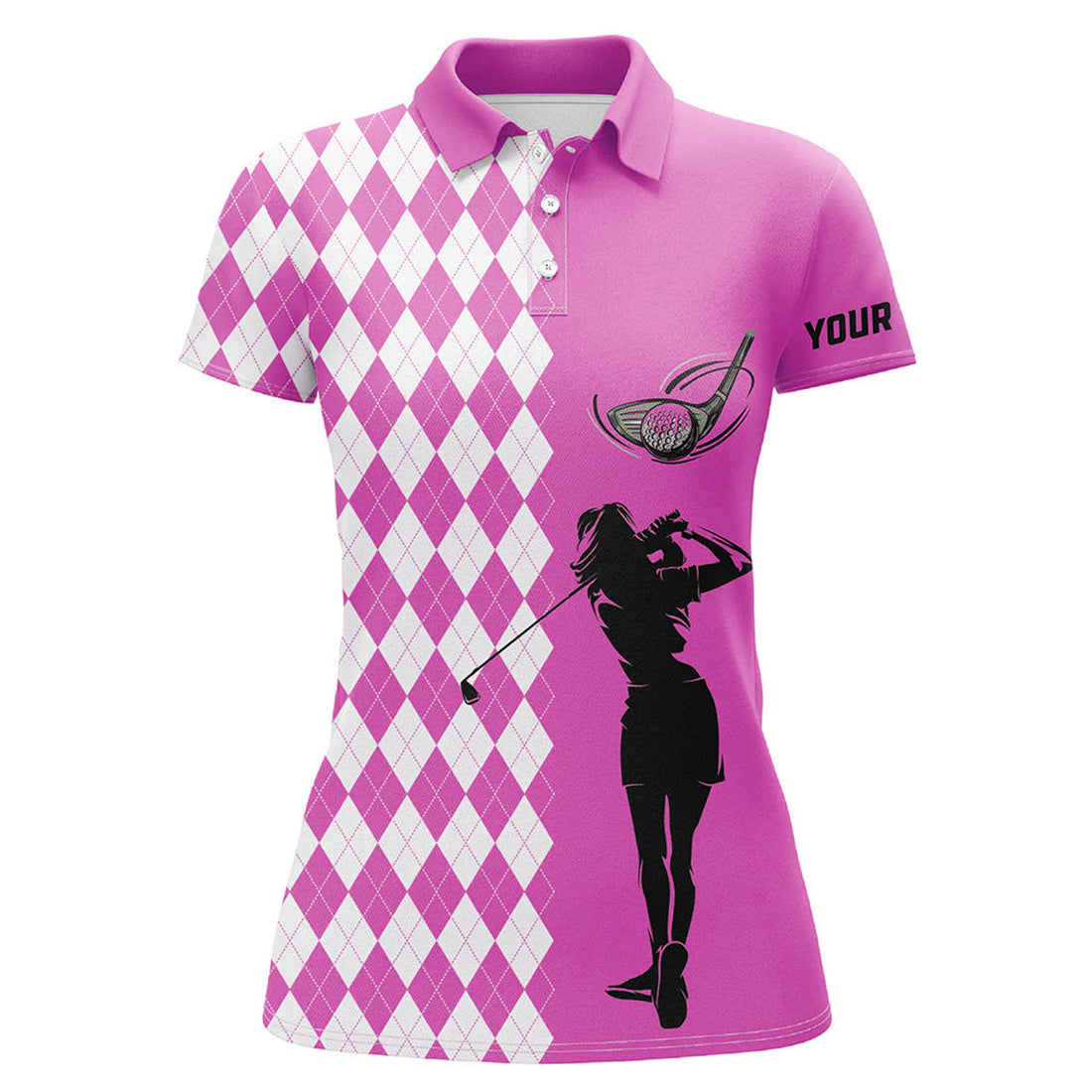 Custom Personalized White Argyle Plaid Pattern Womens Golf Polo Shirts, Custom Pink Golf Apparel For Ladies