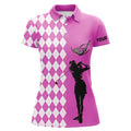 Custom Personalized White Argyle Plaid Pattern Womens Golf Polo Shirts, Custom Pink Golf Apparel For Ladies