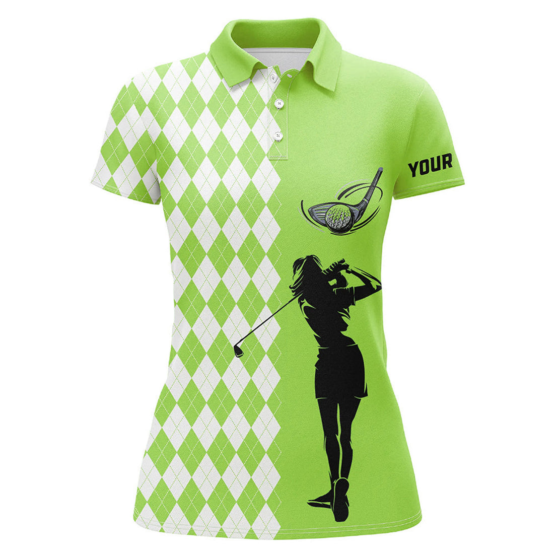 Custom Personalized White Argyle Plaid Pattern Womens Golf Polo Shirts, Custom Green Golf Apparel For Ladies