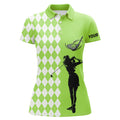 Custom Personalized White Argyle Plaid Pattern Womens Golf Polo Shirts, Custom Green Golf Apparel For Ladies