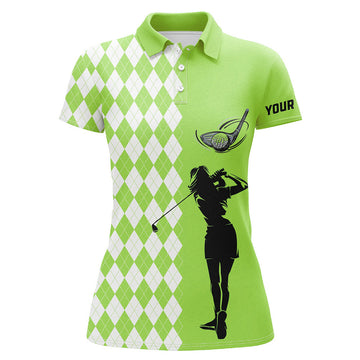 Custom Personalized White Argyle Plaid Pattern Womens Golf Polo Shirts, Custom Green Golf Apparel For Ladies