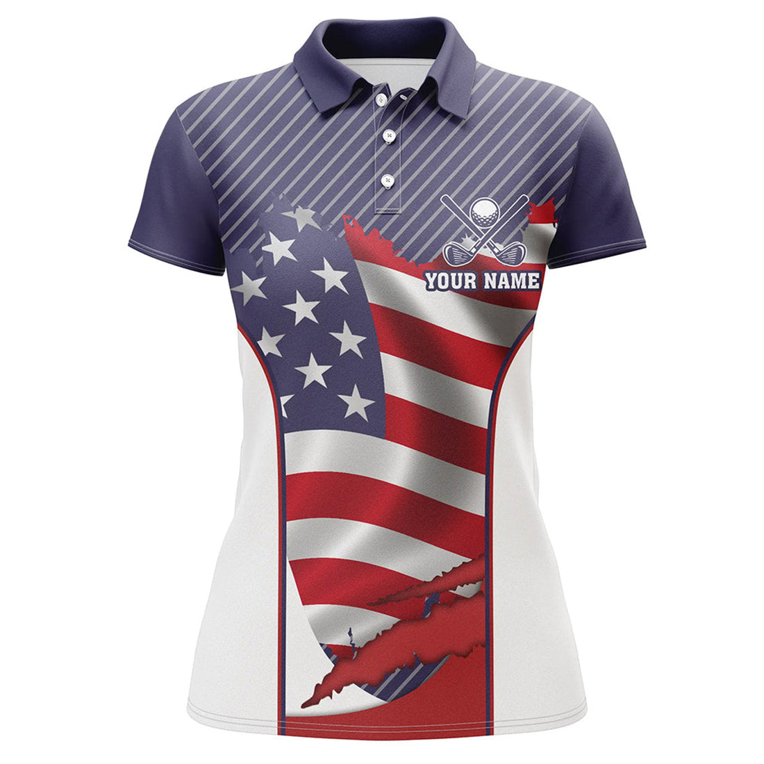 Custom Personalized Red, White, And Blue American Flag Womens Golf Polo Shirts, Custom Ladies Golf Tops