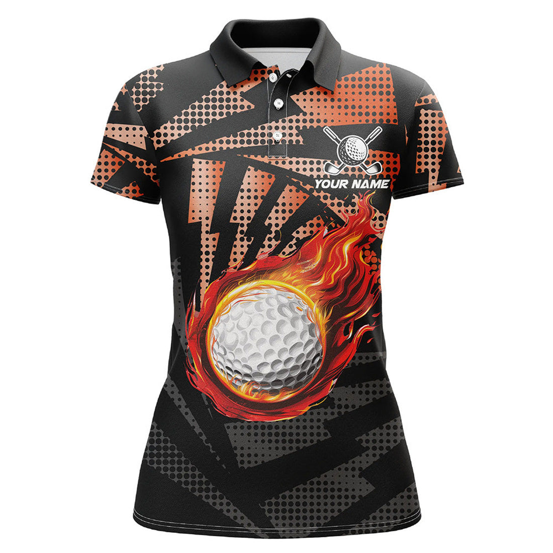 Custom Black Orange camo flame golf ball Women golf polo shirt custom golf outfits for ladies, best golf gift