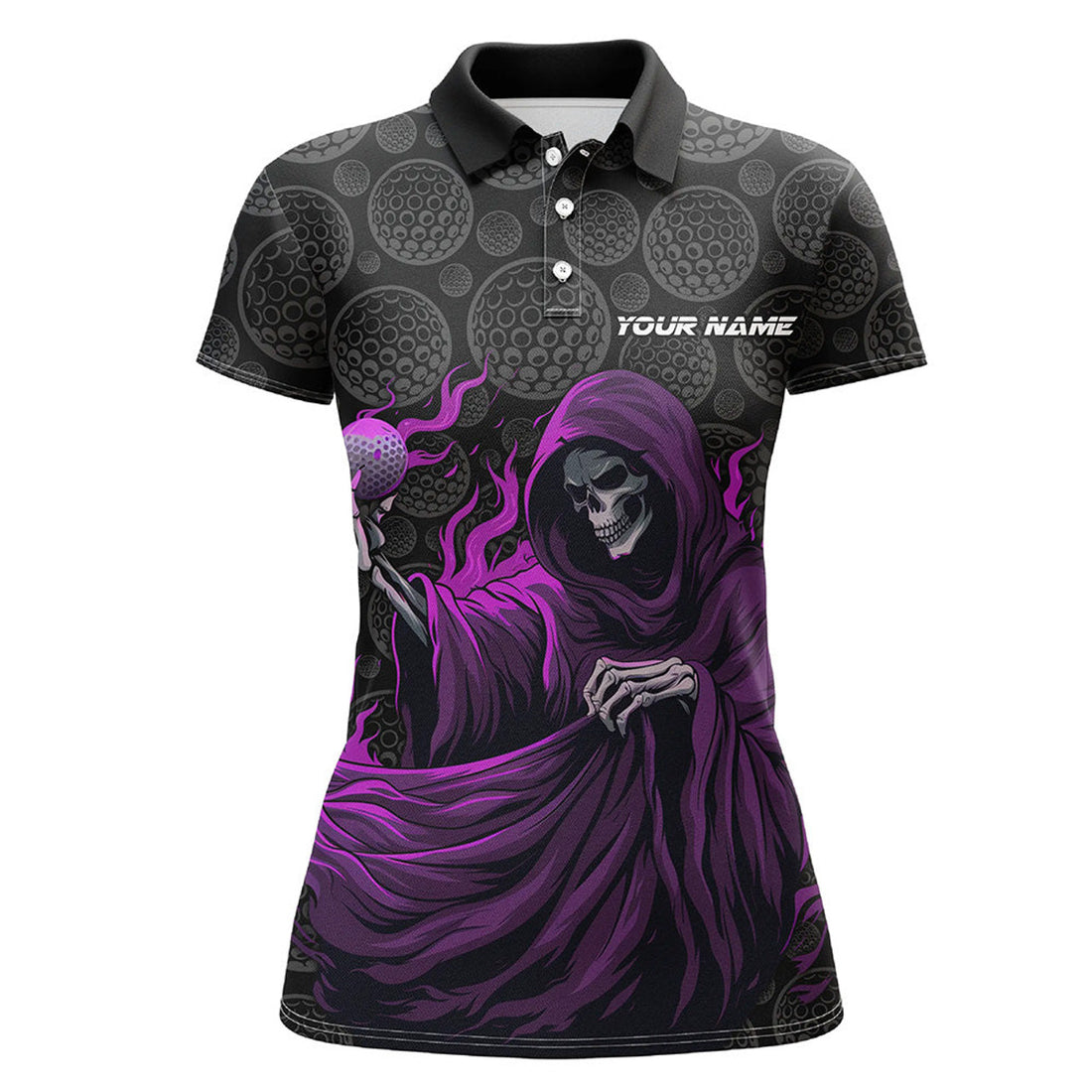 Custom Black Camo Golf Ball Women Golf Polo Shirts Custom Purple Golf Skull Outfits For Women, Golf Gifts