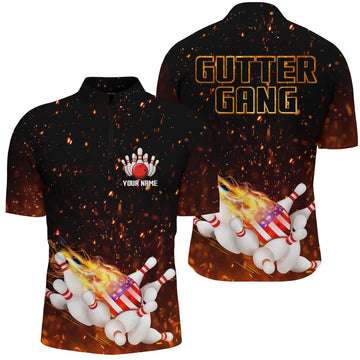 Custom Personalized Flame American Flag Bowling Quarter Zip Shirt For Men Custom Gutter Gang Bowling Shirts