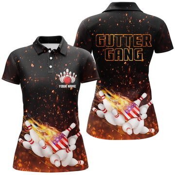 Custom Personalized Flame American Flag Bowling Shirts For Women Custom Name Gutter Gang Bowling Polo Shirt