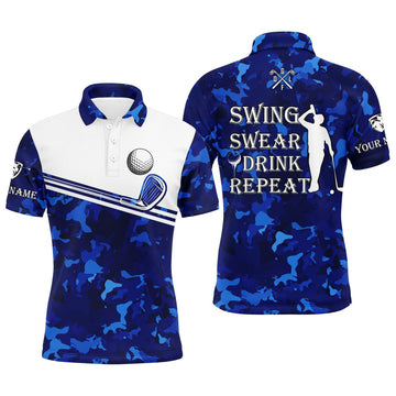 FUNSTUFFPRINT Mens golf polo shirt swing swear drink repeat custom name blue camo white Polo Shirt Size S-5XL