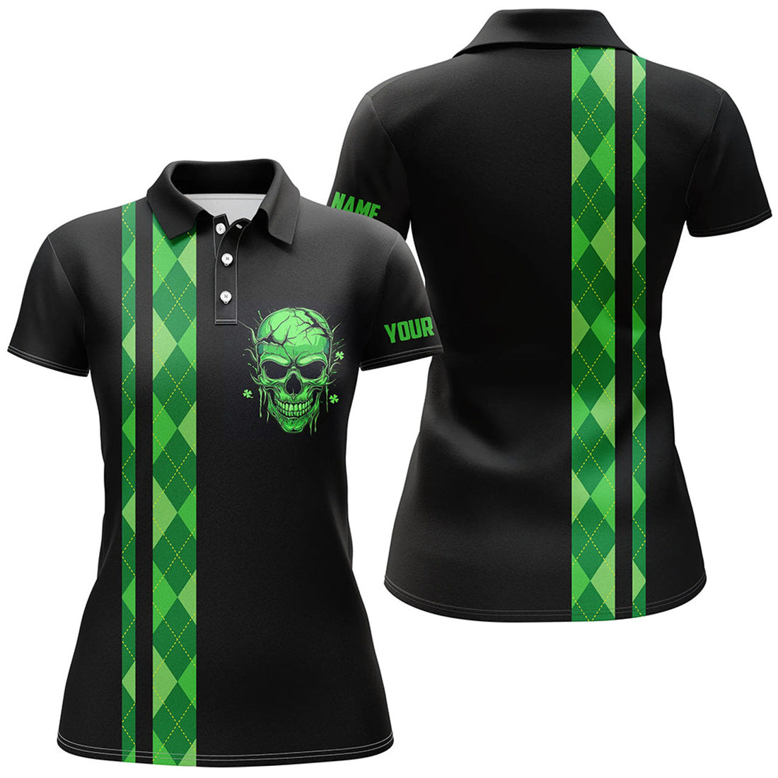 Custom Personalized Green Argyle Plaid Skull Womens Golf Polo Shirts, Custom Black Golf Apparel For Ladies