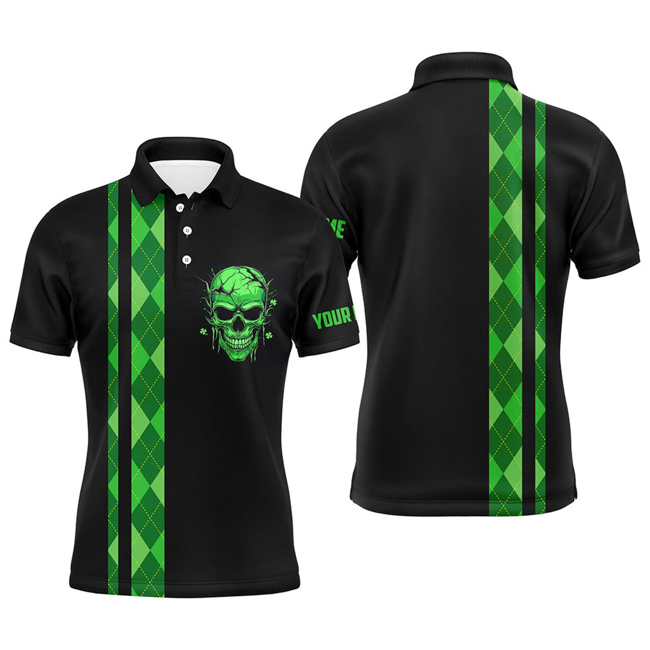 Personalized green argyle plaid skull Mens golf polo shirts, custom black golf apparel for mens